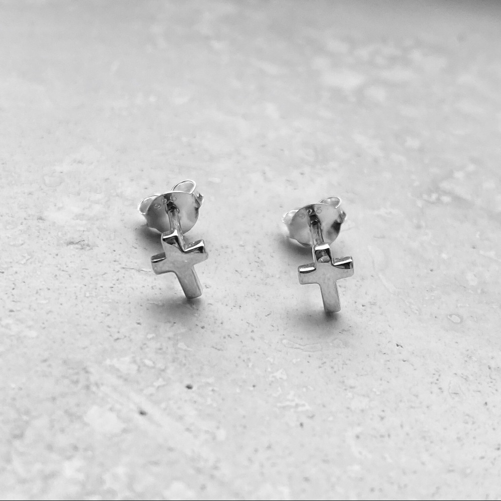 Sterling Silver Tiny Cross Earrings, Stud Earring… - image 1